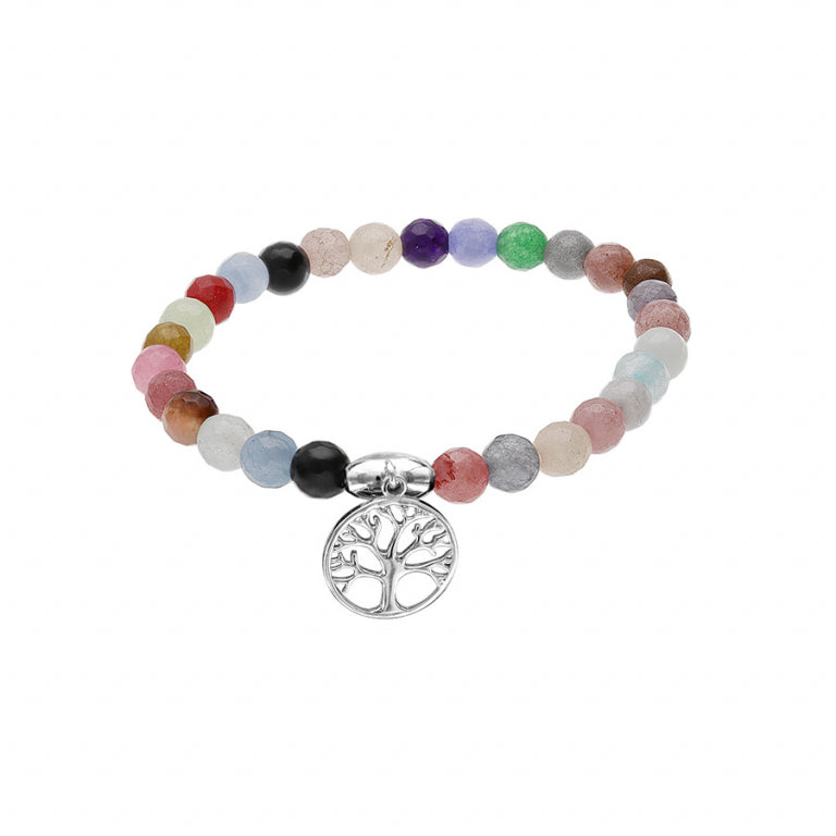 Bracelet Argent Rhodié arbre de vie Agate multicolore