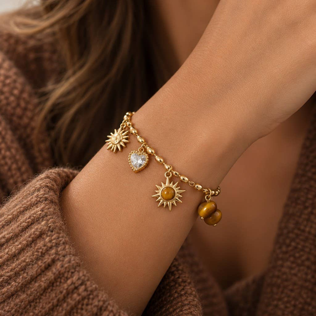 Ensemble Soleil, collier et bracelet charms œil tigre doré