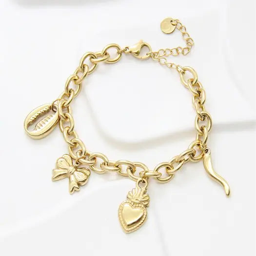 Bracelet Breloques Doré : Cœur, Nœud, Coquillage, Talisman
