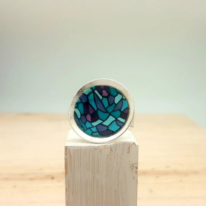 Bague ronde Vitrail Bleu pâte polymère