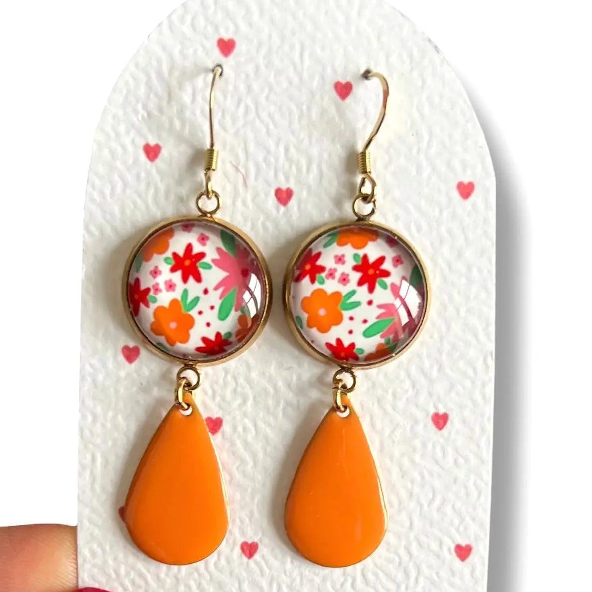 BOUCLES D'OREILLES pendentifs fleurs oranges et roses, émail orange, finition dorée