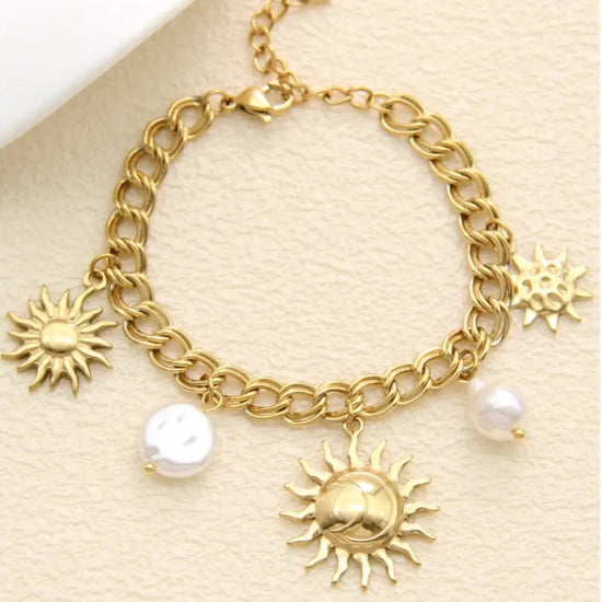 Bracelet Charms Soleil & Lune – Acier Inoxydable Doré