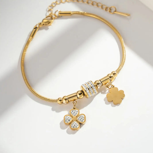 Bracelet Acier Doré Charms Fleur et Trèfle