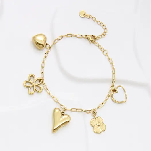 Bracelet Breloques Coeurs & Fleurs doré En Acier Inoxydable