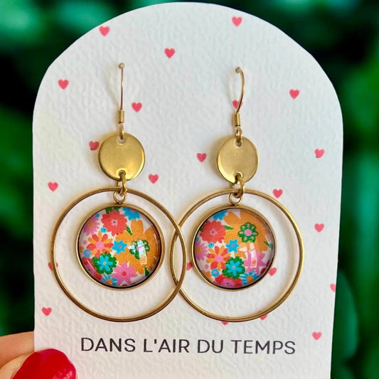 Boucles d'oreilles créoles fleurs multicolores seventies, finition dorée