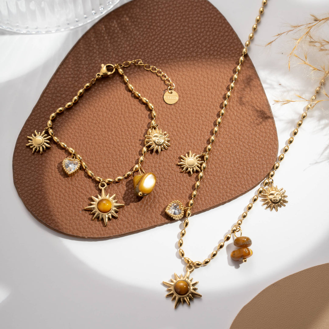 Ensemble Soleil, collier et bracelet charms œil tigre doré