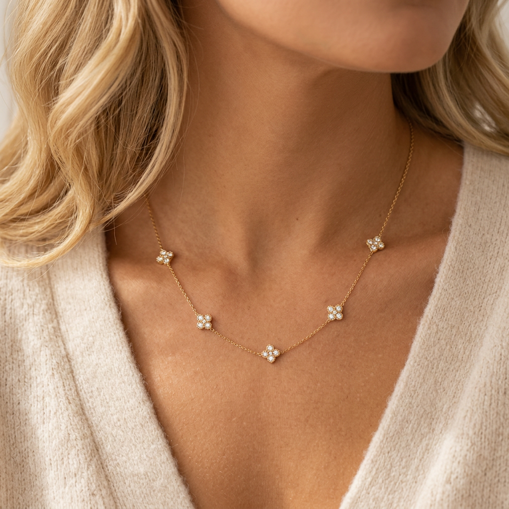 Collier fin trèfles pierres blanches délicates acier doré