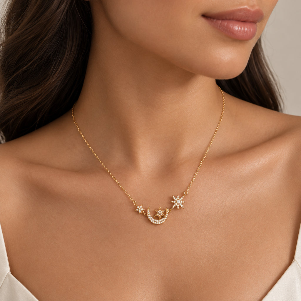 Pendentif Star Moon scintillant acier doré