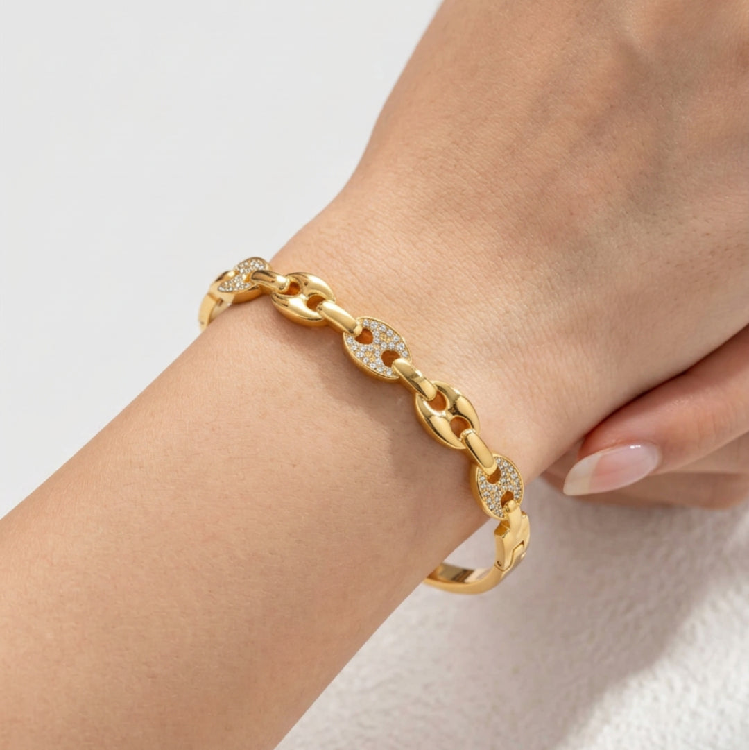 Jonc maillons ovales strass acier inoxydable doré