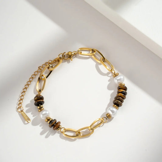 Bracelet acier doré perles nacrées et pierre œil de tigre